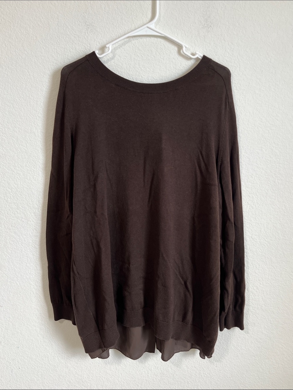 Chiffon Button Back Sweater 1X Brown Mixed Media Knit Top Diane Gilman